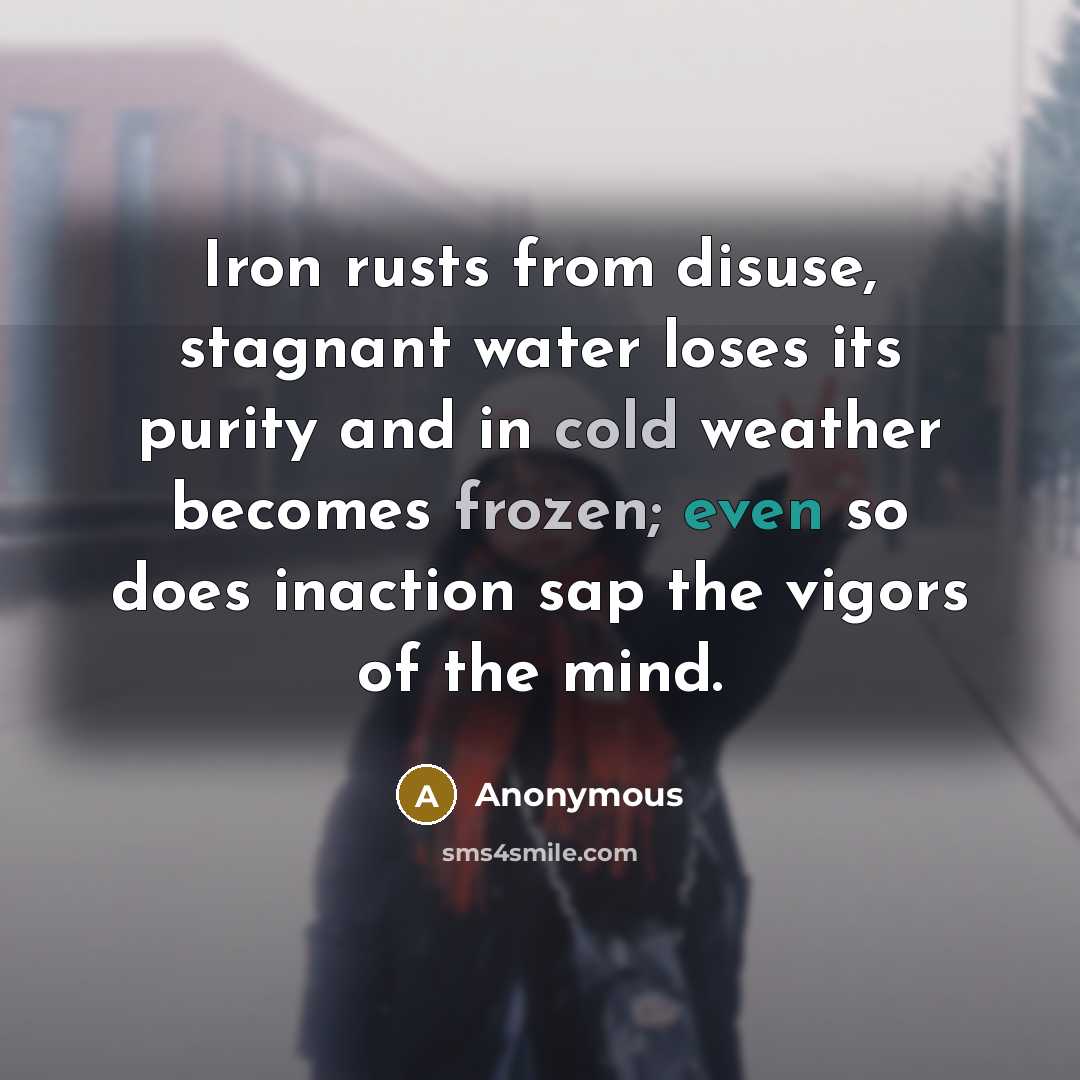 “Iron rusts from disuse, stagnant water loses its purity and in cold weather becomes frozen; even so does inaction sap the vigors of the mind.” quote by Anonymous