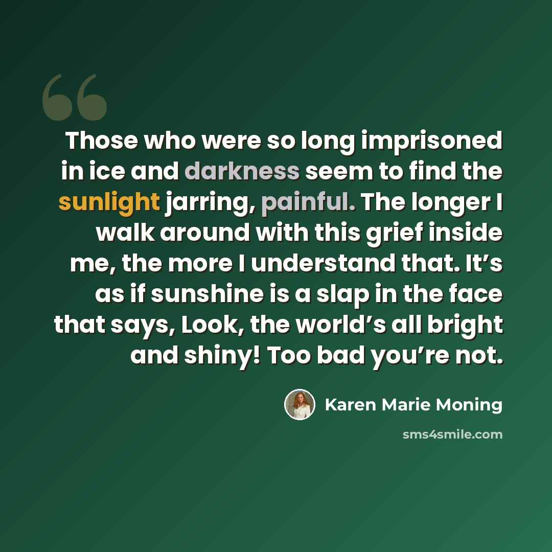 “Those who were so long imprisoned in ice and darkness seem to find the sunlight jarring, painful. The longer I walk around with this grief inside me, the more I understand that. It’s as if sunshine is a slap in the face that says, Look, the world’s all bright and shiny! Too bad you’re not.” quote by Karen Marie Moning