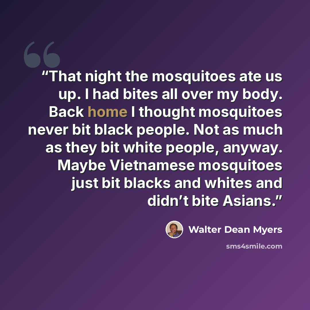 “That night the mosquitoes ate us up. I had bites all over my body. Back home I thought mosquitoes never bit black people. Not as much as they bit white people, anyway. Maybe Vietnamese mosquitoes just bit blacks and whites and didn’t bite Asians.” quote by Walter Dean Myers