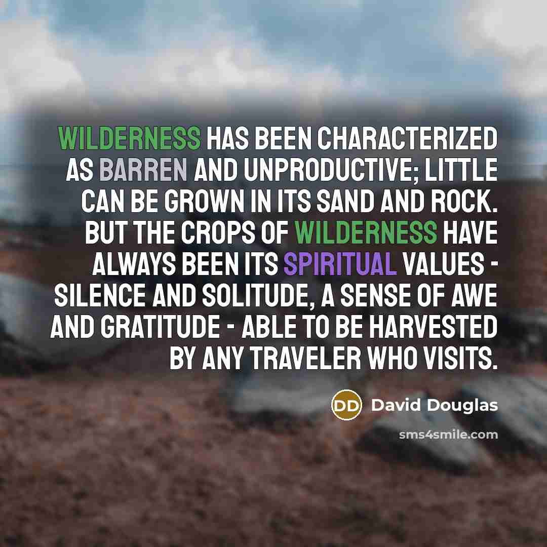 “Wilderness has been characterized as barren and unproductive; little can be grown in its sand and rock. But the crops of wilderness have always been its spiritual values - silence and solitude, a sense of awe and gratitude - able to be harvested by any traveler who visits.” quote by David Douglas