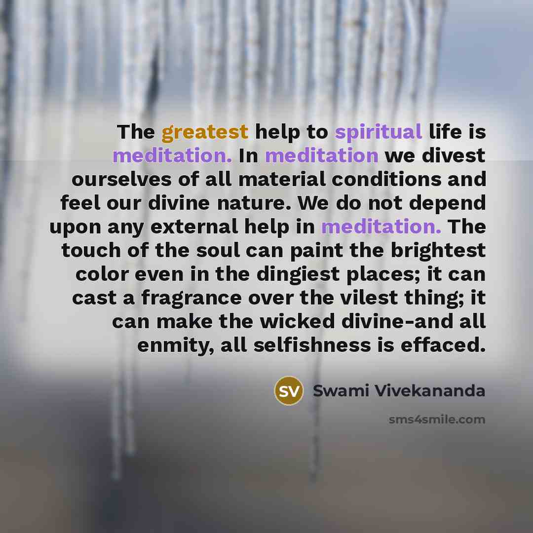 “The greatest help to spiritual life is meditation. In meditation we divest ourselves of all material conditions and feel our divine nature. We do not depend upon any external help in meditation. The touch of the soul can paint the brightest color even in the dingiest places; it can cast a…” quote by Swami Vivekananda