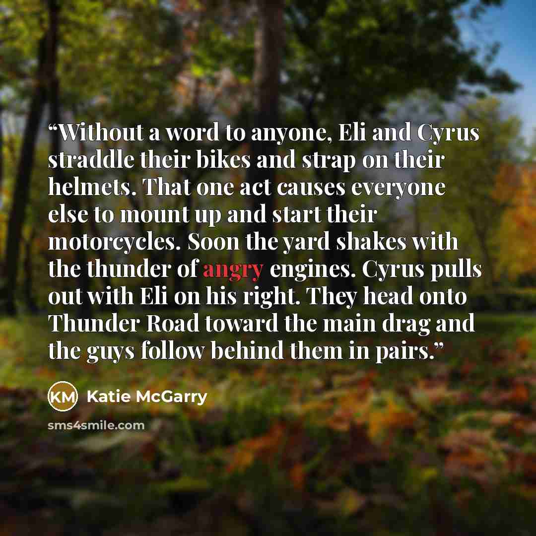 “Without a word to anyone, Eli and Cyrus straddle their bikes and strap on their helmets. That one act causes everyone else to mount up and start their motorcycles. Soon the yard shakes with the thunder of angry engines. Cyrus pulls out with Eli on his right. They head onto Thunder Road toward the…” quote by Katie McGarry