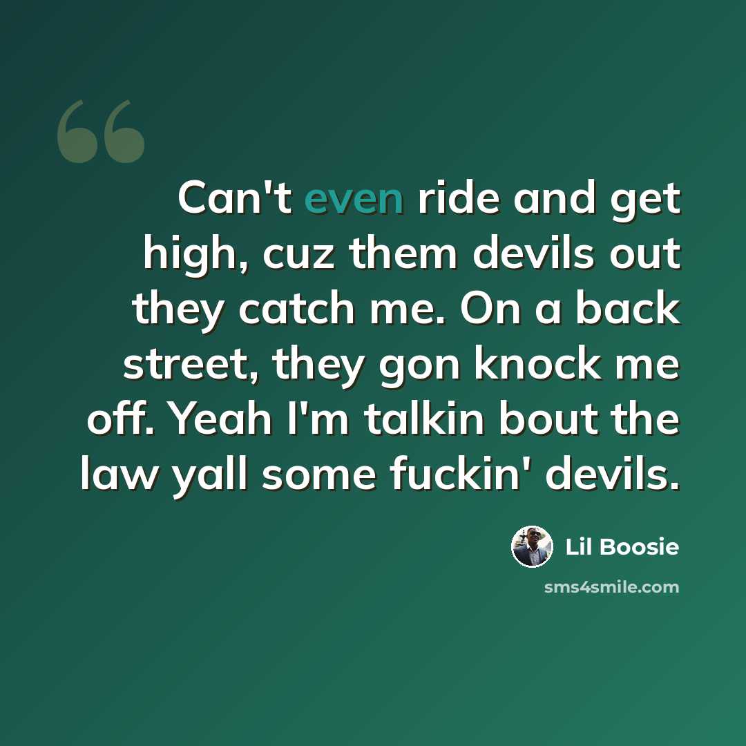 “Can't even ride and get high, cuz them devils out they catch me. On a back street, they gon knock me off. Yeah I'm talkin bout the law yall some fuckin' devils.” quote by Lil Boosie