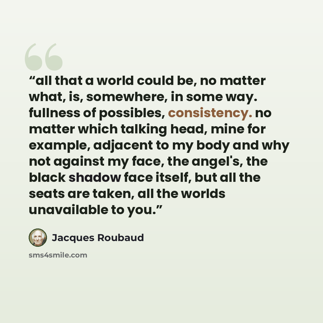 “all that a world could be, no matter what, is, somewhere, in some way. fullness of possibles, consistency. no matter which talking head, mine for example, adjacent to my body and why not against my face, the angel's, the black shadow face itself, but all the seats are taken, all the worlds…” quote by Jacques Roubaud