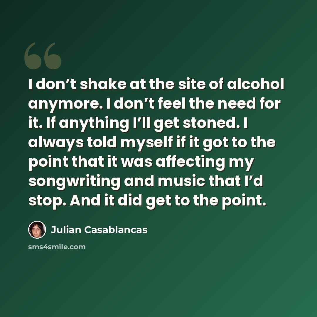 “I don’t shake at the site of alcohol anymore. I don’t feel the need for it. If anything I’ll get stoned. I always told myself if it got to the point that it was affecting my songwriting and music that I’d stop. And it did get to the point.” quote by Julian Casablancas