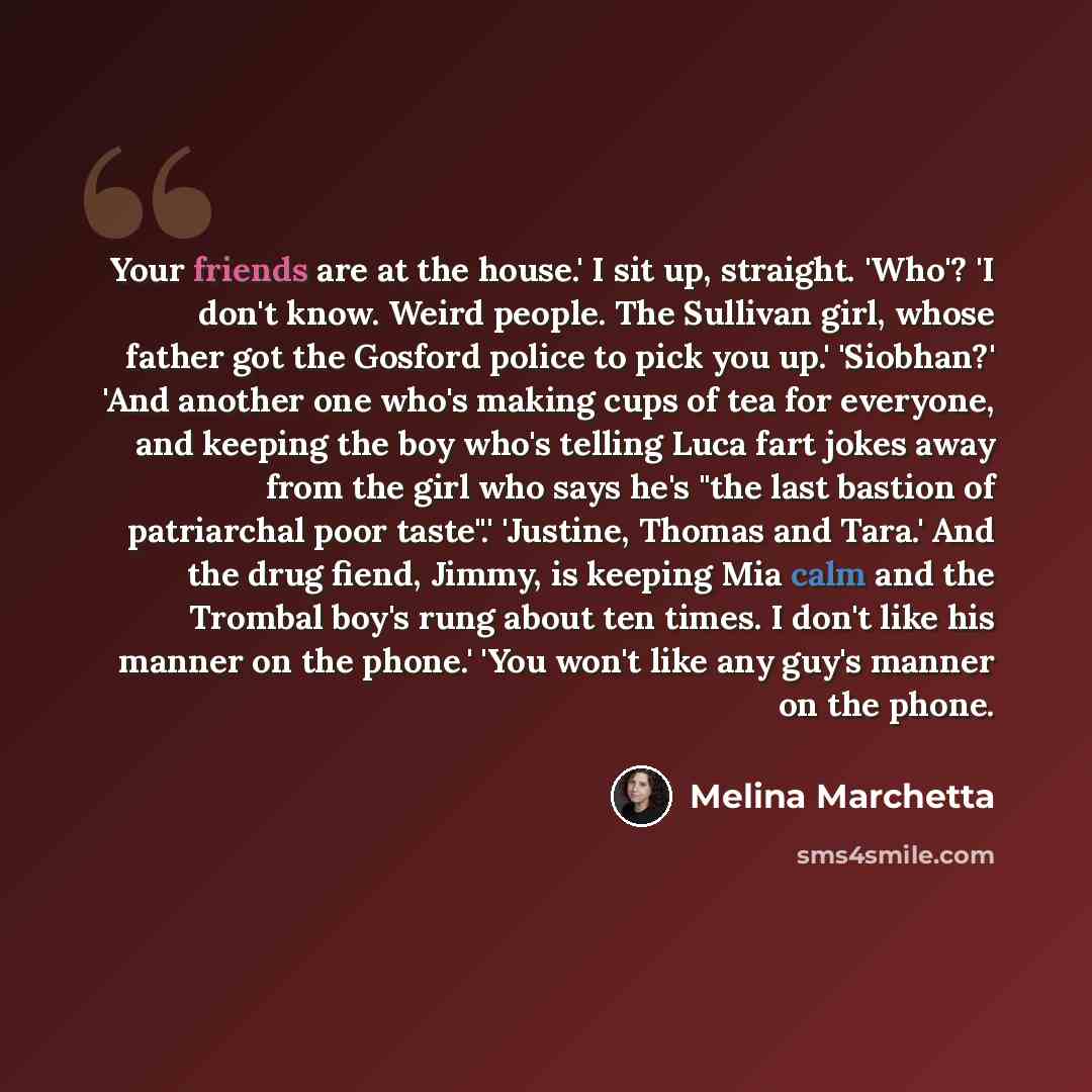 “Your friends are at the house.' I sit up, straight. 'Who'? 'I don't know. Weird people. The Sullivan girl, whose father got the Gosford police to pick you up.' 'Siobhan?' 'And another one who's making cups of tea for everyone, and keeping the boy who's telling Luca fart jokes away from the girl…” quote by Melina Marchetta