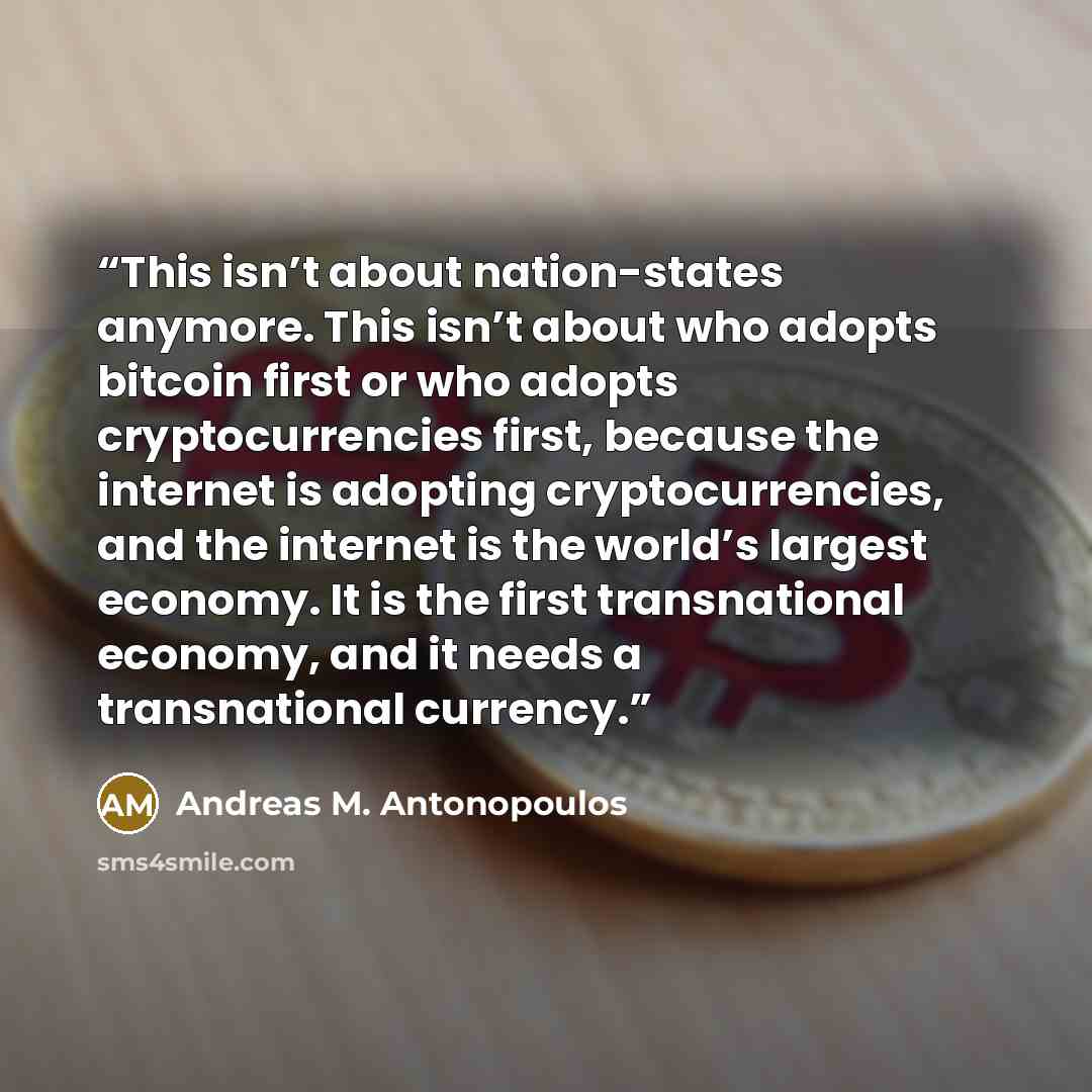 “This isn’t about nation-states anymore. This isn’t about who adopts bitcoin first or who adopts cryptocurrencies first, because the internet is adopting cryptocurrencies, and the internet is the world’s largest economy. It is the first transnational economy, and it needs a transnational currency.” quote by Andreas M. Antonopoulos