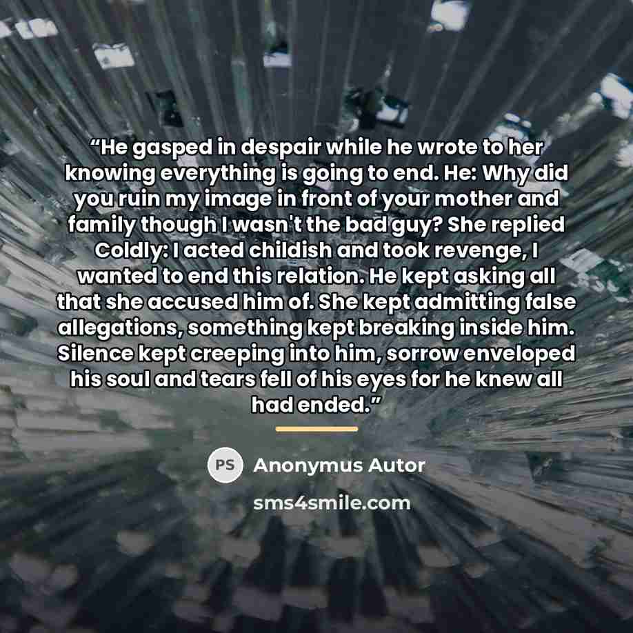 “He gasped in despair while he wrote to her knowing everything is going to end. He: Why did you ruin my image in front of your mother and family though I wasn't the bad guy? She replied Coldly: I acted childish and took revenge, I wanted to end this relation. He kept asking all that she accused him…” quote by Anonymus Autor