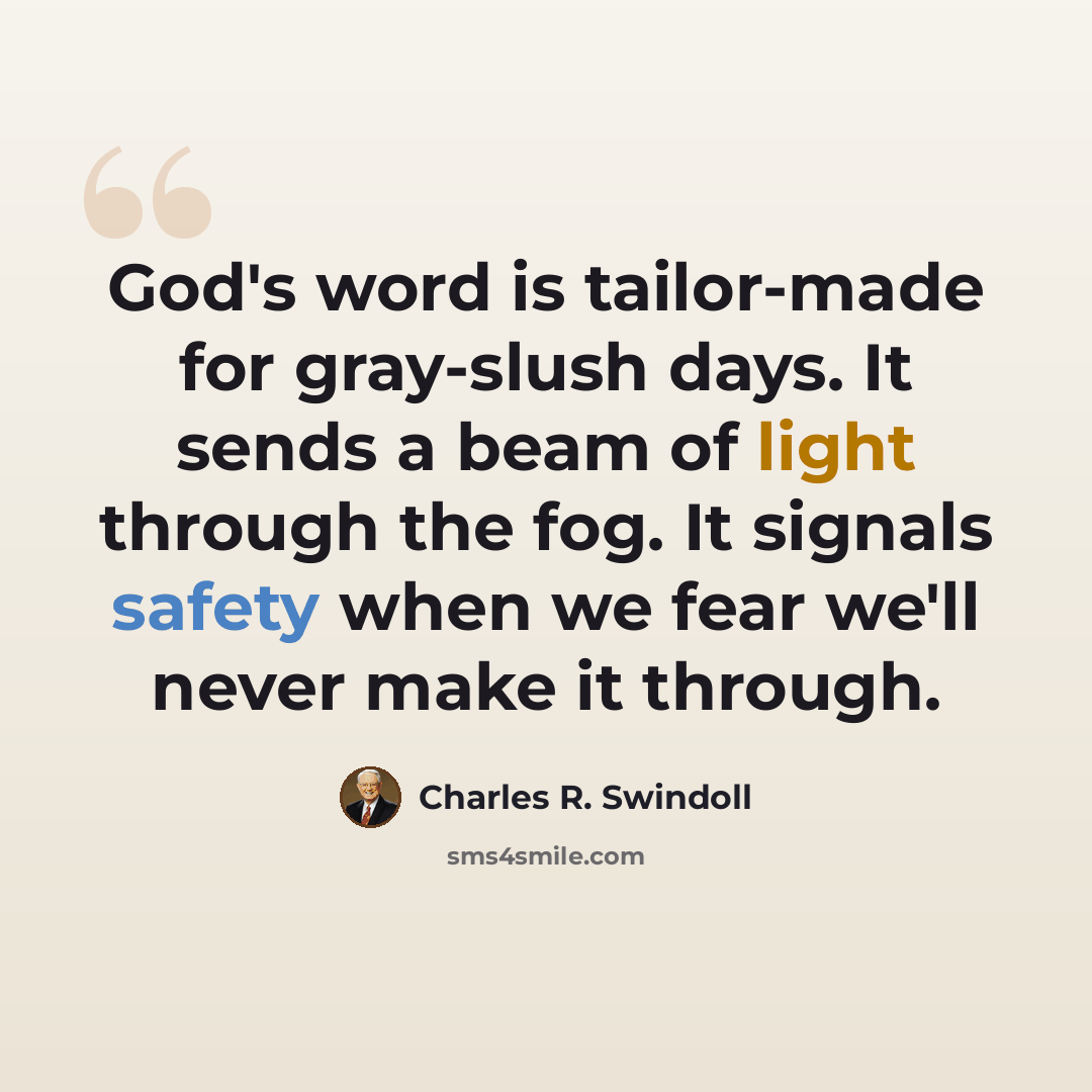 “God's word is tailor-made for gray-slush days. It sends a beam of light through the fog. It signals safety when we fear we'll never make it through.” quote by Charles R. Swindoll