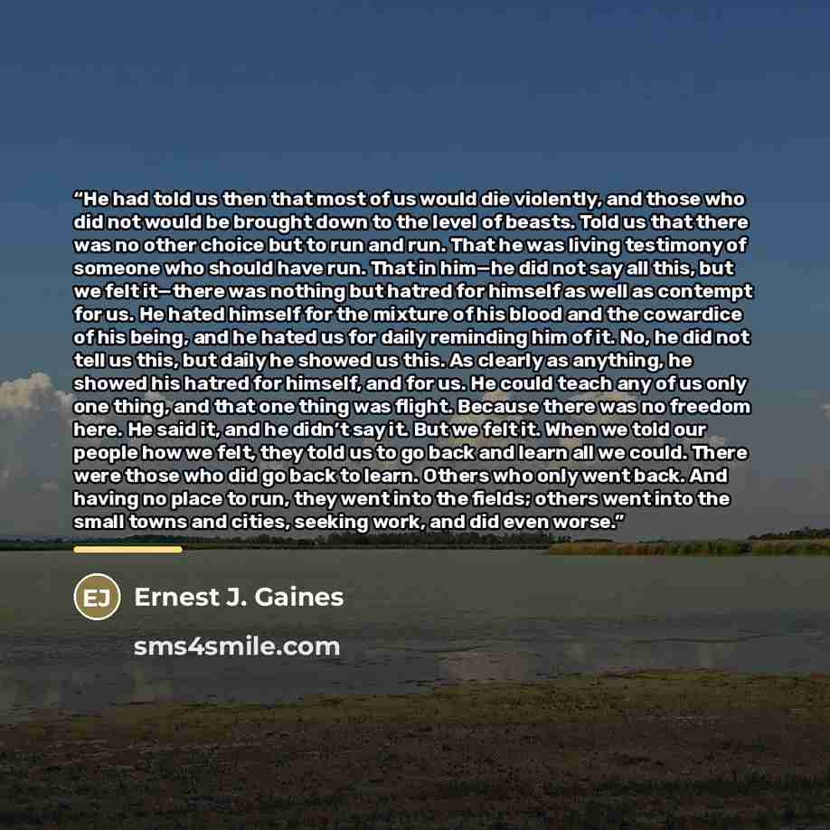 “He had told us then that most of us would die violently, and those who did not would be brought down to the level of beasts. Told us that there was no other choice but to run and run. That he was living testimony of someone who should have run. That in him—he did not say all this, but we felt…” quote by Ernest J. Gaines