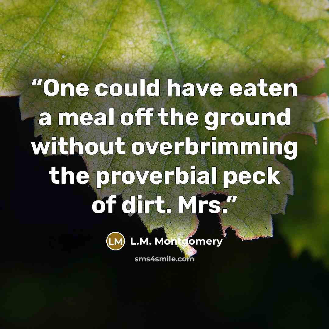 “One could have eaten a meal off the ground without overbrimming the proverbial peck of dirt. Mrs.” quote by L.M. Montgomery