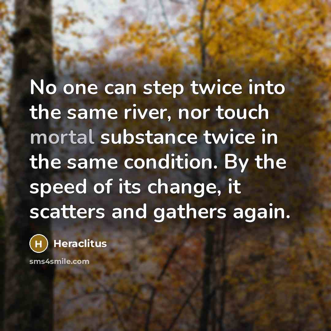 “No one can step twice into the same river, nor touch mortal substance twice in the same condition. By the speed of its change, it scatters and gathers again.” quote by Heraclitus