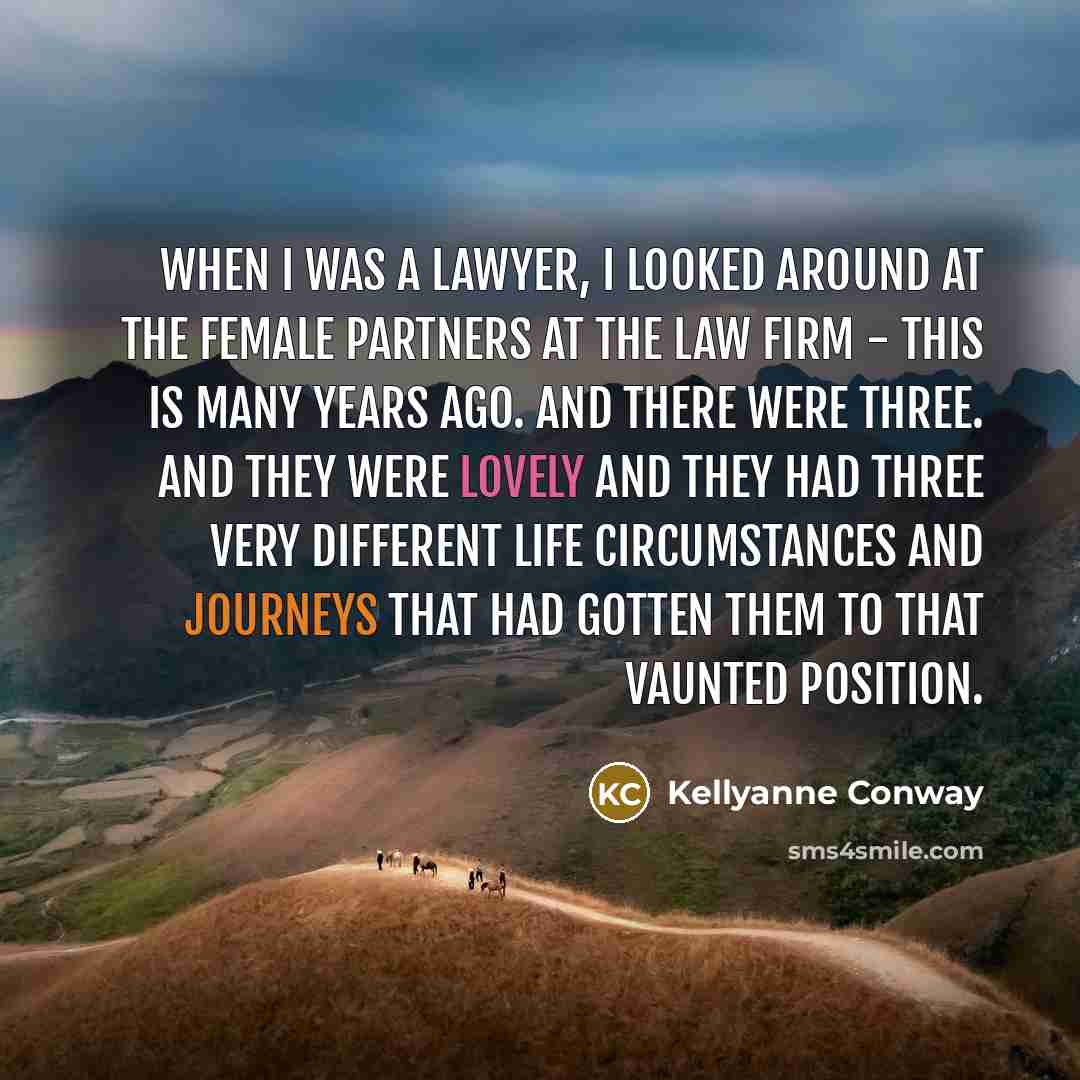 “When I was a lawyer, I looked around at the female partners at the law firm - this is many years ago. And there were three. And they were lovely and they had three very different life circumstances and journeys that had gotten them to that vaunted position.” quote by Kellyanne Conway