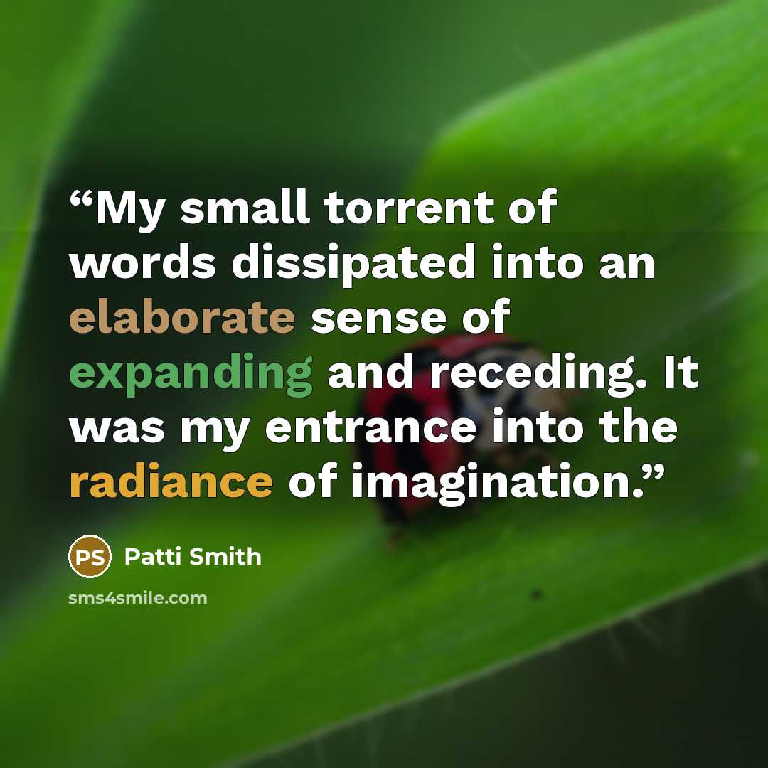 “My small torrent of words dissipated into an elaborate sense of expanding and receding. It was my entrance into the radiance of imagination.” quote by Patti Smith