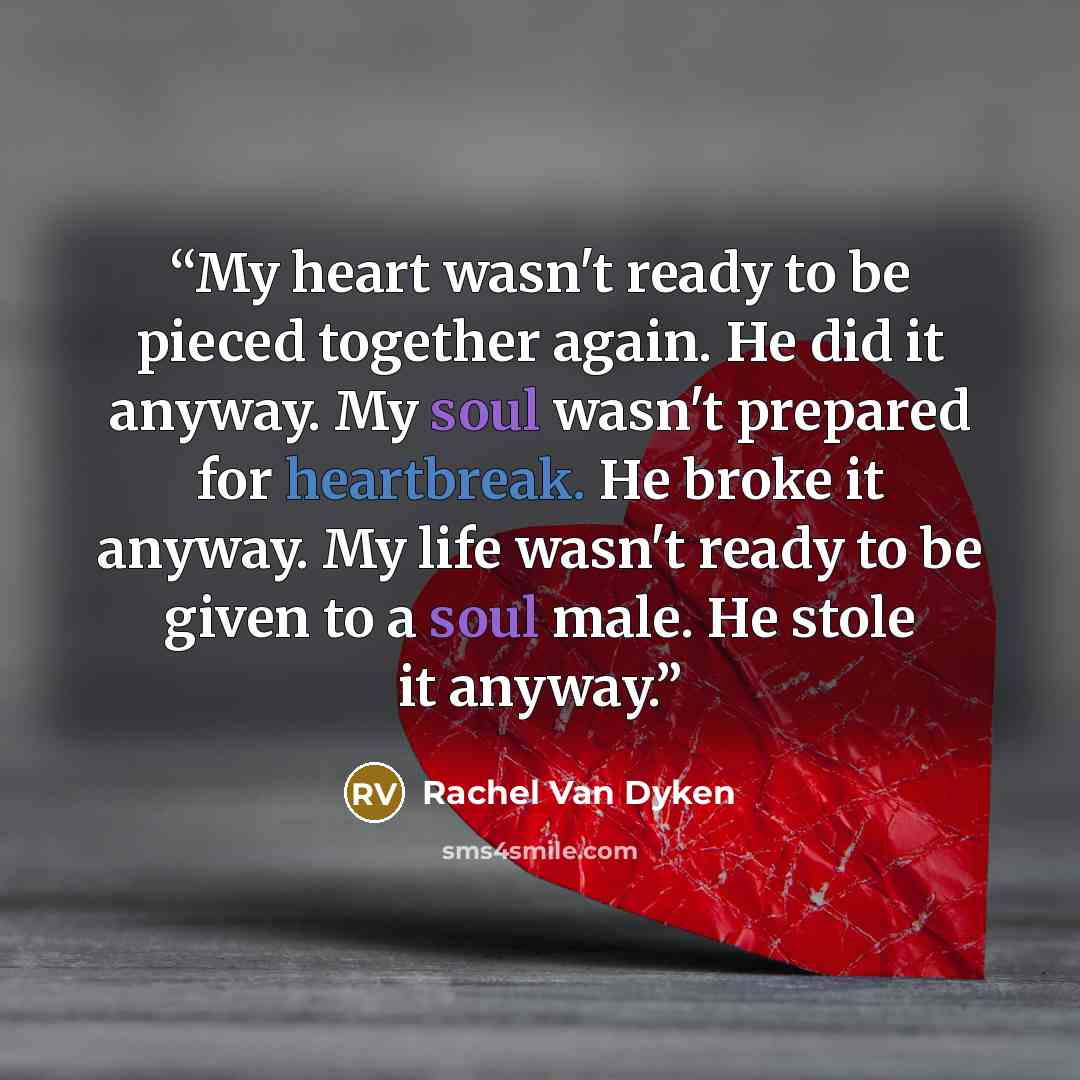 “My heart wasn't ready to be pieced together again. He did it anyway. My soul wasn't prepared for heartbreak. He broke it anyway. My life wasn't ready to be given to a soul male. He stole it anyway.” quote by Rachel Van Dyken