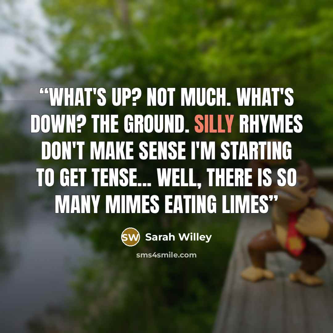 “What's up? Not much. What's down? The ground. Silly Rhymes Don't make sense I'm starting to get tense... Well, there is so many mimes eating limes” quote by Sarah Willey