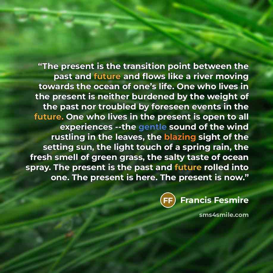 “The present is the transition point between the past and future and flows like a river moving towards the ocean of one’s life. One who lives in the present is neither burdened by the weight of the past nor troubled by foreseen events in the future. One who lives in the present is open to all…” quote by Francis Fesmire
