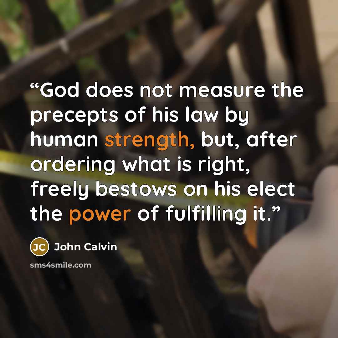 “God does not measure the precepts of his law by human strength, but, after ordering what is right, freely bestows on his elect the power of fulfilling it.” quote by John Calvin