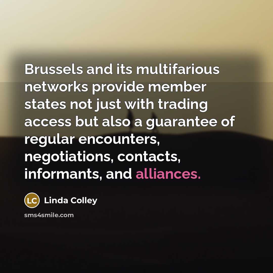 “Brussels and its multifarious networks provide member states not just with trading access but also a guarantee of regular encounters, negotiations, contacts, informants, and alliances.” quote by Linda Colley
