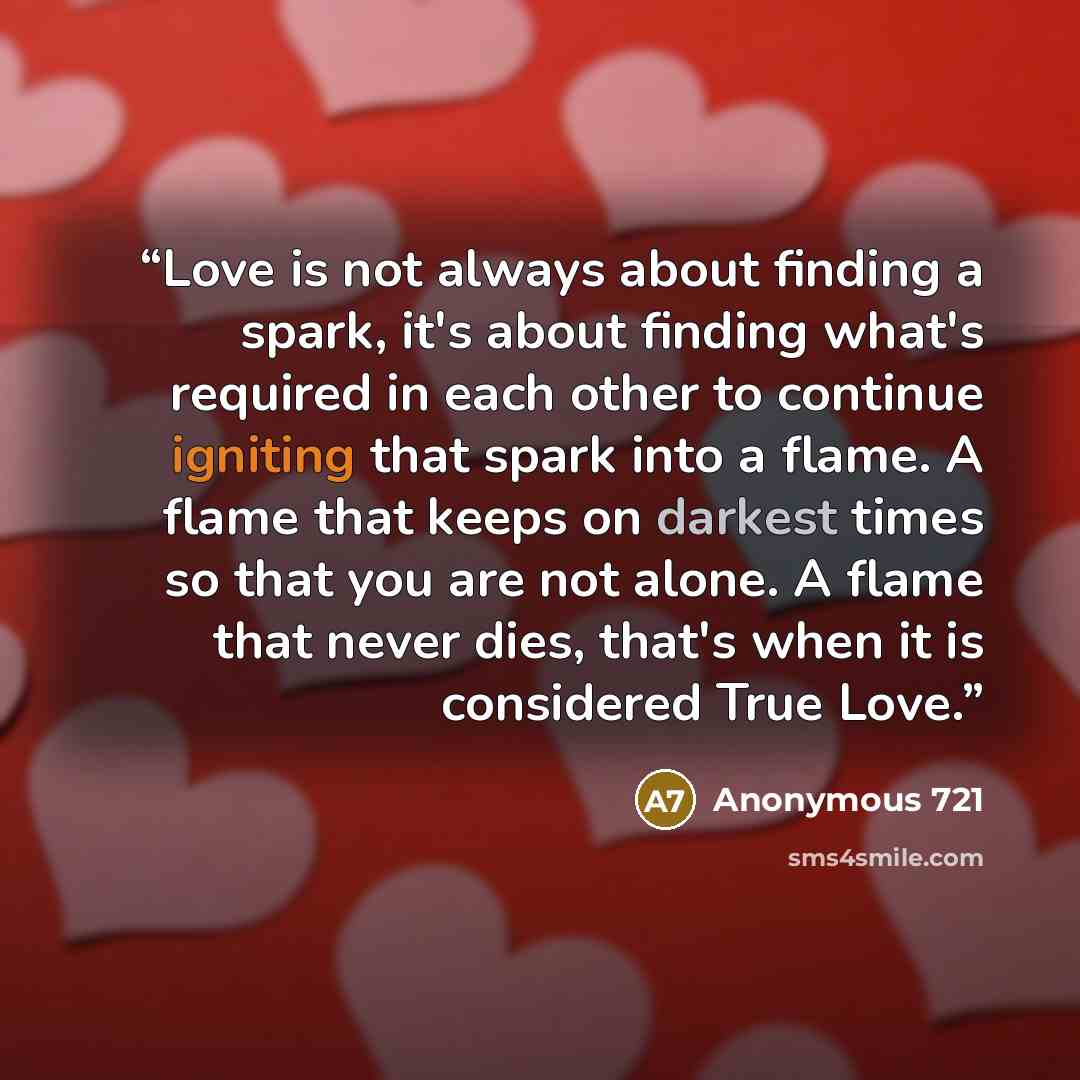 “Love is not always about finding a spark, it's about finding what's required in each other to continue igniting that spark into a flame. A flame that keeps on darkest times so that you are not alone. A flame that never dies, that's when it is considered True Love.” quote by Anonymous 721