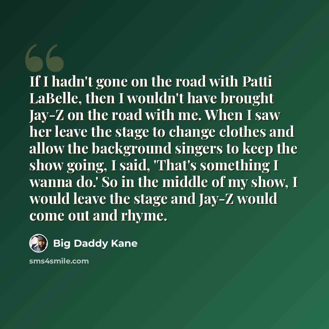 “If I hadn't gone on the road with Patti LaBelle, then I wouldn't have brought Jay-Z on the road with me. When I saw her leave the stage to change clothes and allow the background singers to keep the show going, I said, 'That's something I wanna do.' So in the middle of my show, I would leave the…” quote by Big Daddy Kane