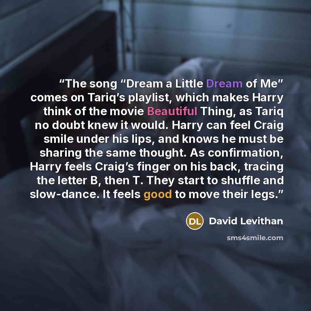 “The song “Dream a Little Dream of Me” comes on Tariq’s playlist, which makes Harry think of the movie Beautiful Thing, as Tariq no doubt knew it would. Harry can feel Craig smile under his lips, and knows he must be sharing the same thought. As confirmation, Harry feels Craig’s finger on his back…” quote by David Levithan
