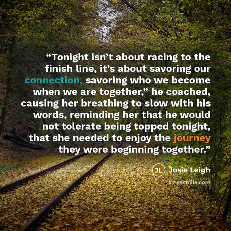 “Tonight isn’t about racing to the finish line, it’s about savoring our connection, savoring who we become when we are together,” he coached, causing her breathing to slow with his words, reminding her that he would not tolerate being topped tonight, that she needed to enjoy the journey they were…” quote by Josie Leigh