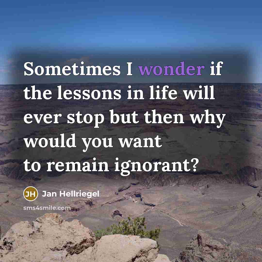 “Sometimes I wonder if the lessons in life will ever stop but then why would you want to remain ignorant?” quote by Jan Hellriegel