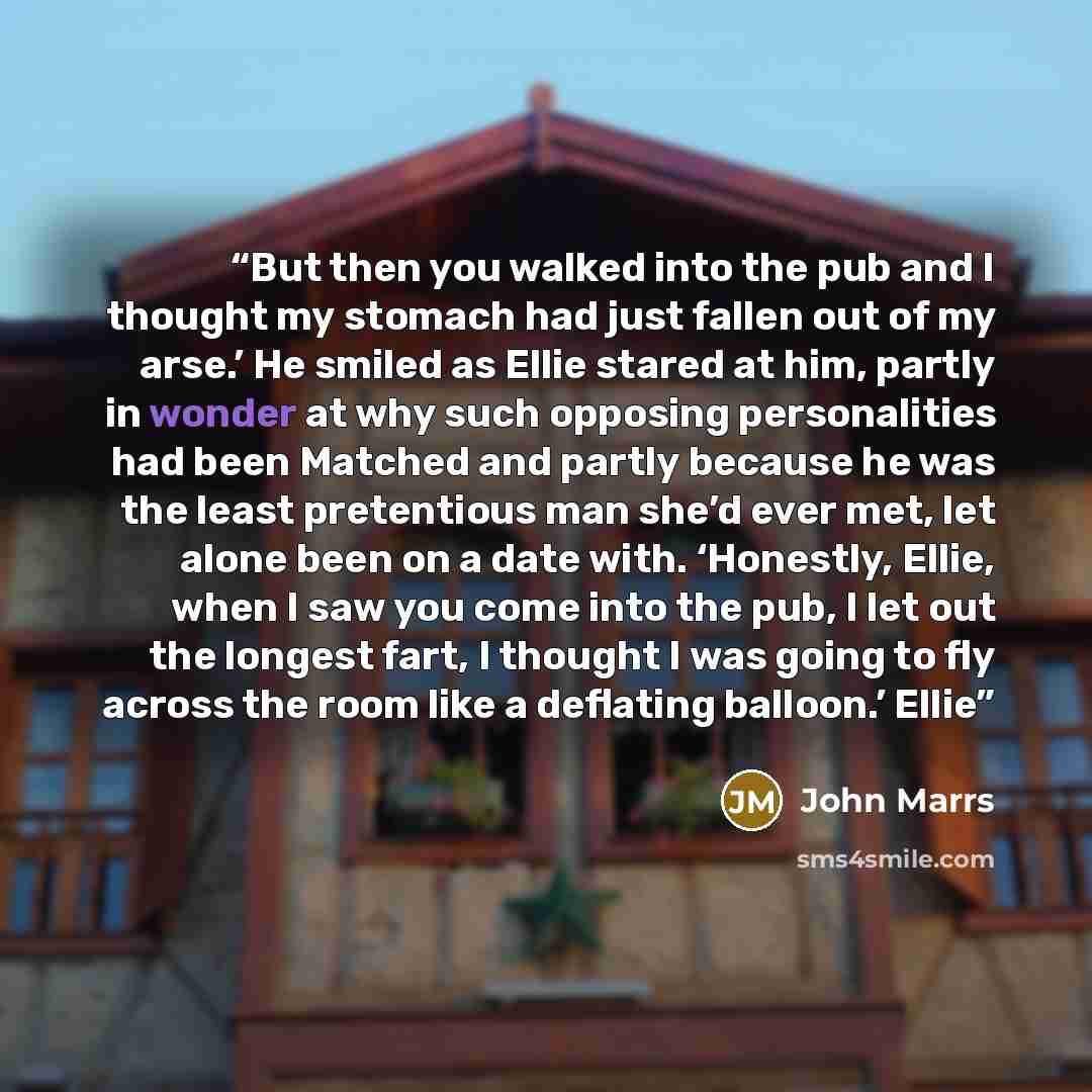 “But then you walked into the pub and I thought my stomach had just fallen out of my arse.’ He smiled as Ellie stared at him, partly in wonder at why such opposing personalities had been Matched and partly because he was the least pretentious man she’d ever met, let alone been on a date with…” quote by John Marrs