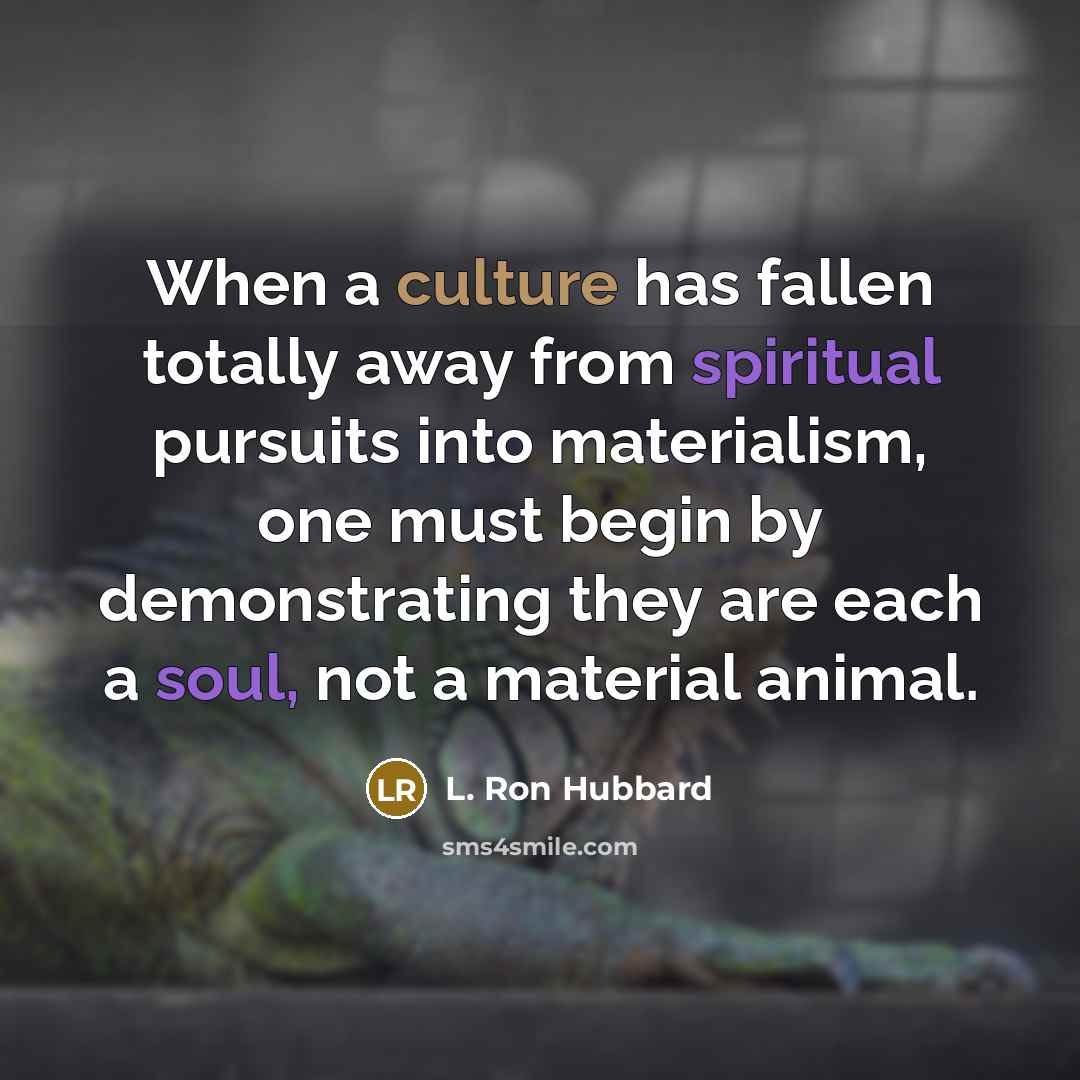 “When a culture has fallen totally away from spiritual pursuits into materialism, one must begin by demonstrating they are each a soul, not a material animal.” quote by L. Ron Hubbard