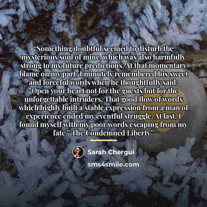 “Something doubtful seemed to disturb the mysterious soul of mine, which was also harmfully strong to my future predictions. At that momentary blame on my part, I minutely remembered his sweet and forceful words when he thoughtfully said: "Open your heart not for the guests but for the…” quote by Sarah Chergui
