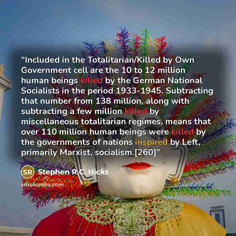“Included in the Totalitarian/Killed by Own Government cell are the 10 to 12 million human beings killed by the German National Socialists in the period 1933-1945. Subtracting that number from 138 million, along with subtracting a few million killed by miscellaneous totalitarian regimes, means that…” quote by Stephen R.C. Hicks