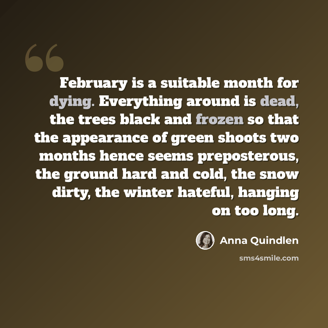 “February is a suitable month for dying. Everything around is dead, the trees black and frozen so that the appearance of green shoots two months hence seems preposterous, the ground hard and cold, the snow dirty, the winter hateful, hanging on too long.” quote by Anna Quindlen