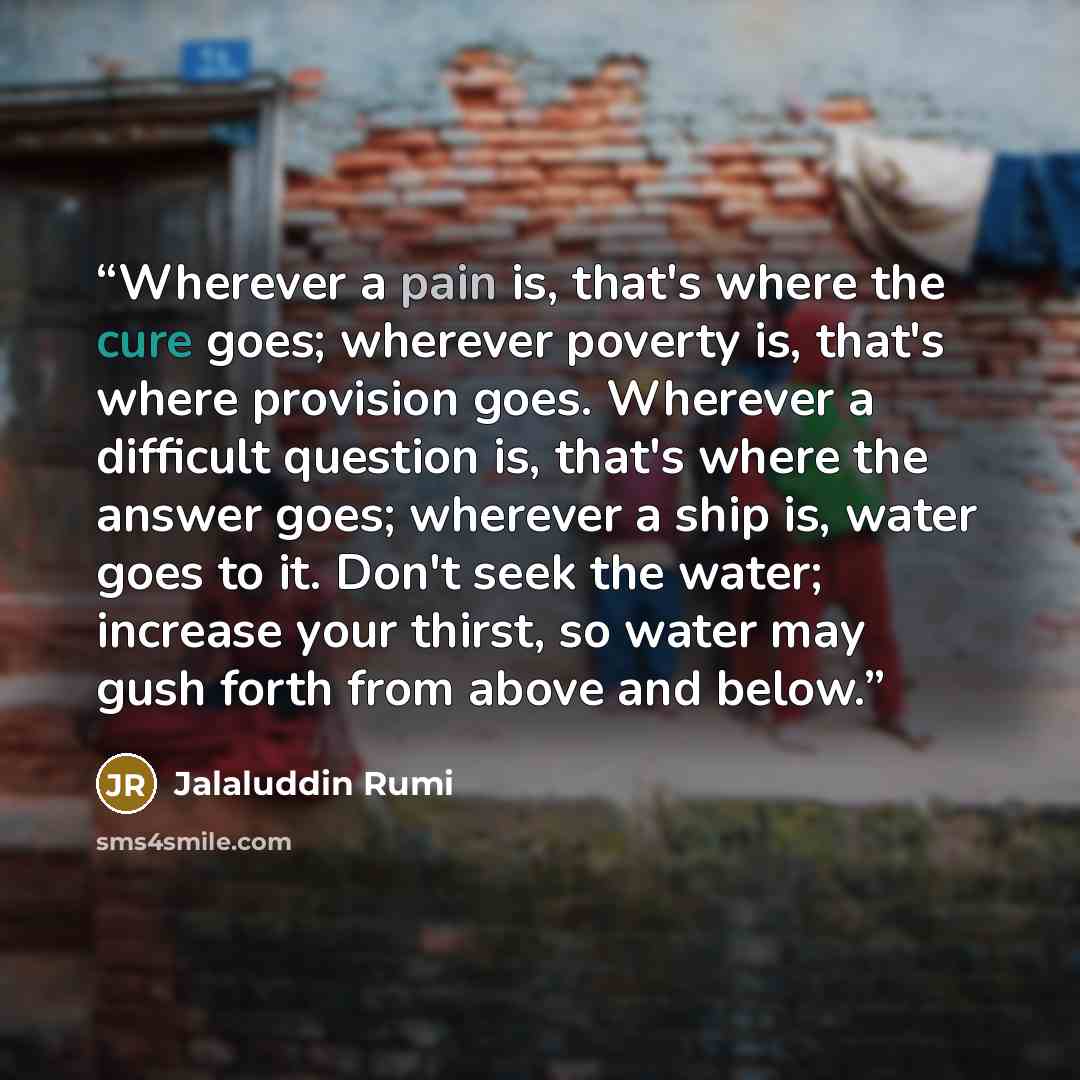 “Wherever a pain is, that's where the cure goes; wherever poverty is, that's where provision goes. Wherever a difficult question is, that's where the answer goes; wherever a ship is, water goes to it. Don't seek the water; increase your thirst, so water may gush forth from above and below.” quote by Jalaluddin Rumi