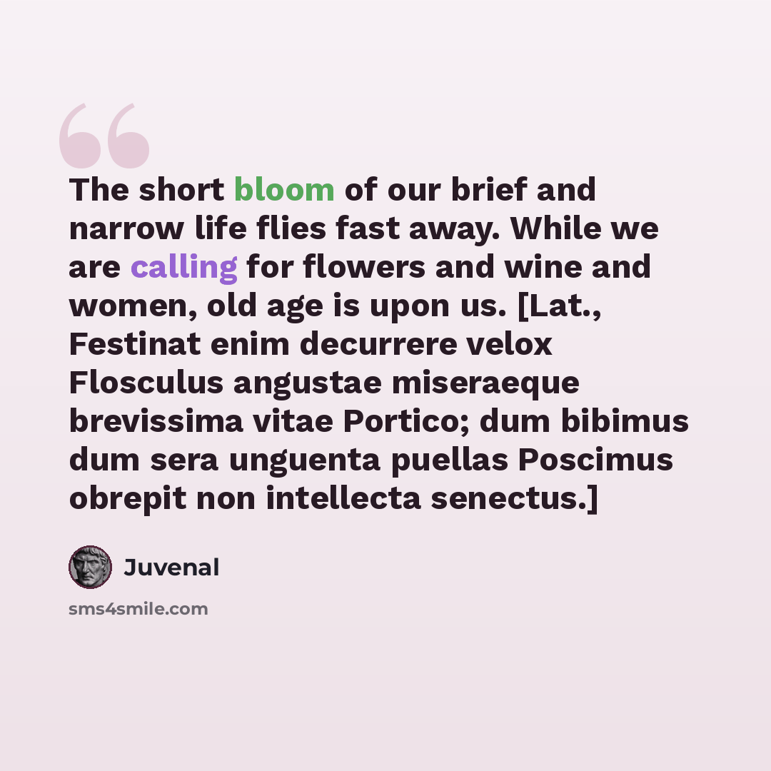 “The short bloom of our brief and narrow life flies fast away. While we are calling for flowers and wine and women, old age is upon us. [Lat., Festinat enim decurrere velox Flosculus angustae miseraeque brevissima vitae Portico; dum bibimus dum sera unguenta puellas Poscimus obrepit non intellecta…” quote by Juvenal