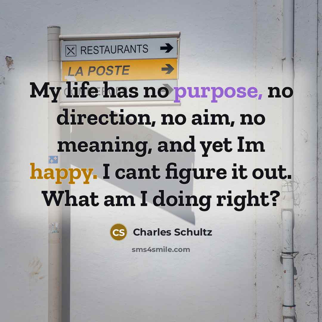 “My life has no purpose, no direction, no aim, no meaning, and yet Im happy. I cant figure it out. What am I doing right?” quote by Charles Schultz