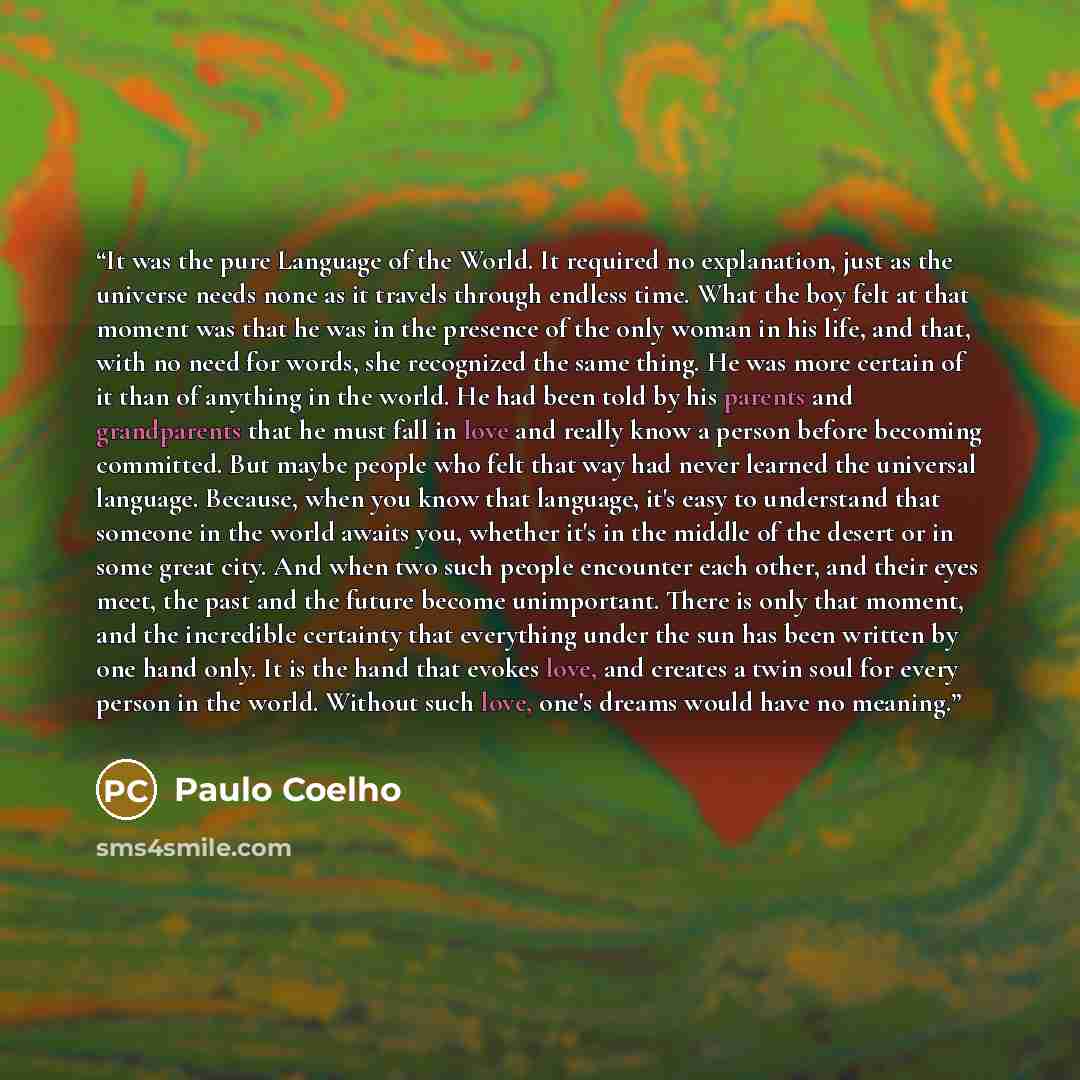 “It was the pure Language of the World. It required no explanation, just as the universe needs none as it travels through endless time. What the boy felt at that moment was that he was in the presence of the only woman in his life, and that, with no need for words, she recognized the same thing. He…” quote by Paulo Coelho