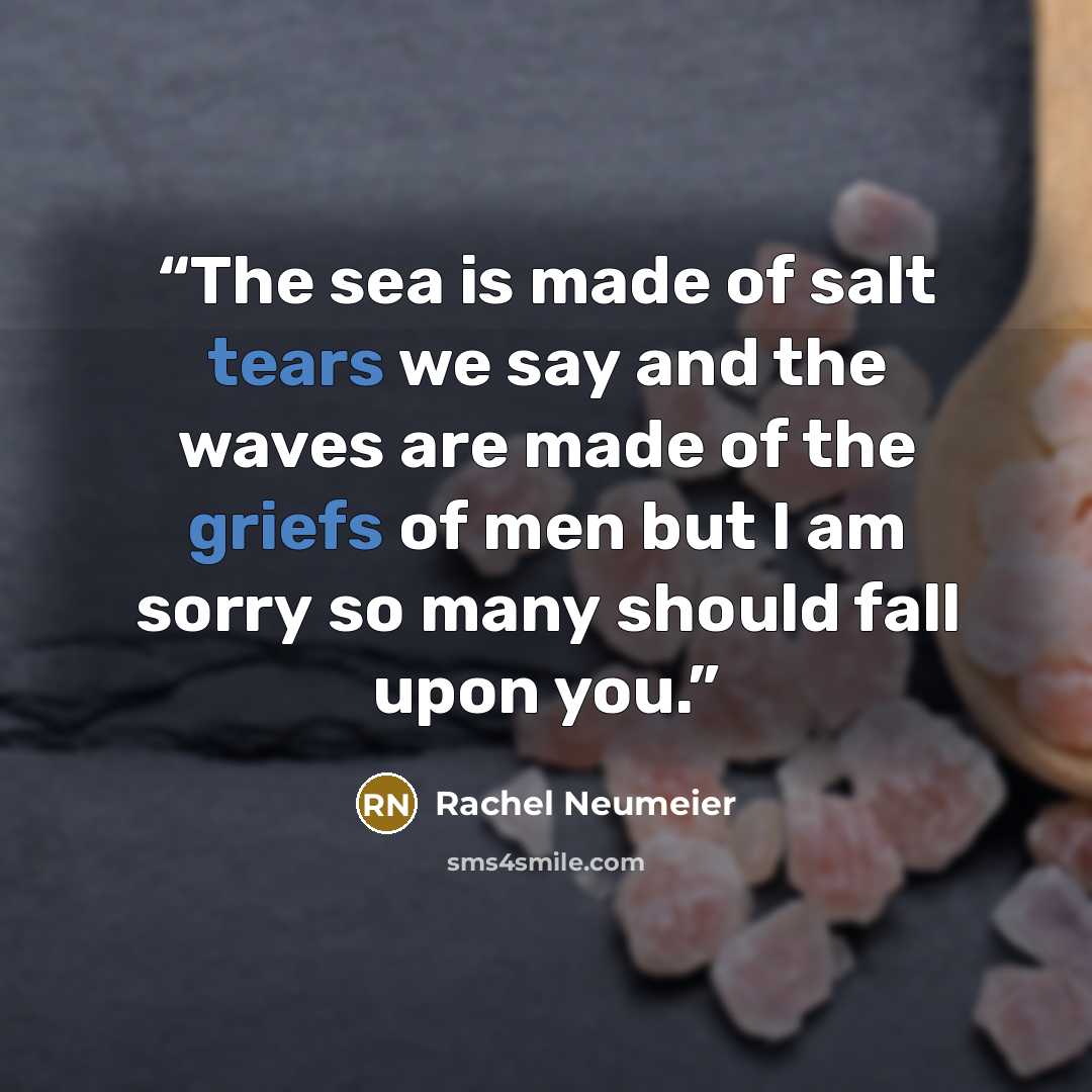 “The sea is made of salt tears we say and the waves are made of the griefs of men but I am sorry so many should fall upon you.” quote by Rachel Neumeier