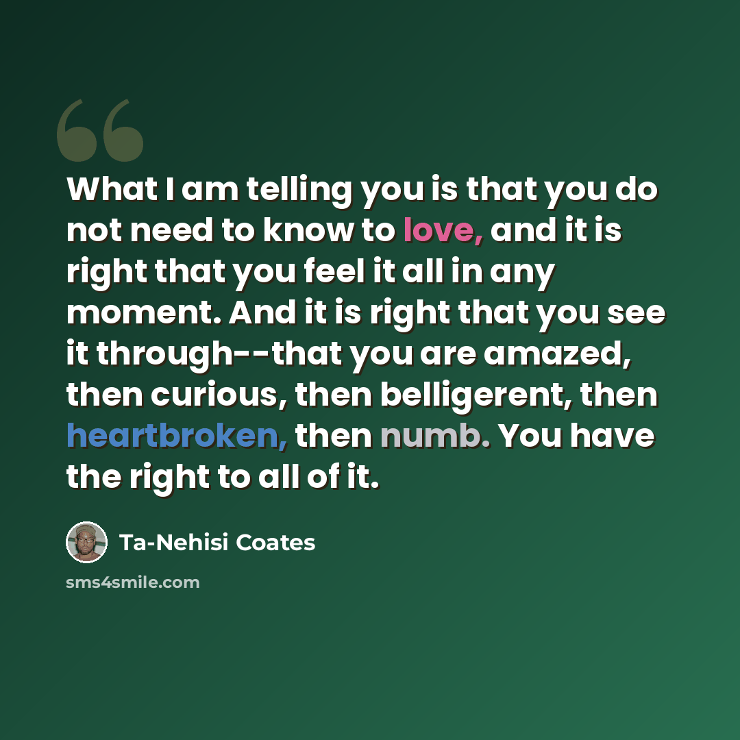 “What I am telling you is that you do not need to know to love, and it is right that you feel it all in any moment. And it is right that you see it through--that you are amazed, then curious, then belligerent, then heartbroken, then numb. You have the right to all of it.” quote by Ta-Nehisi Coates