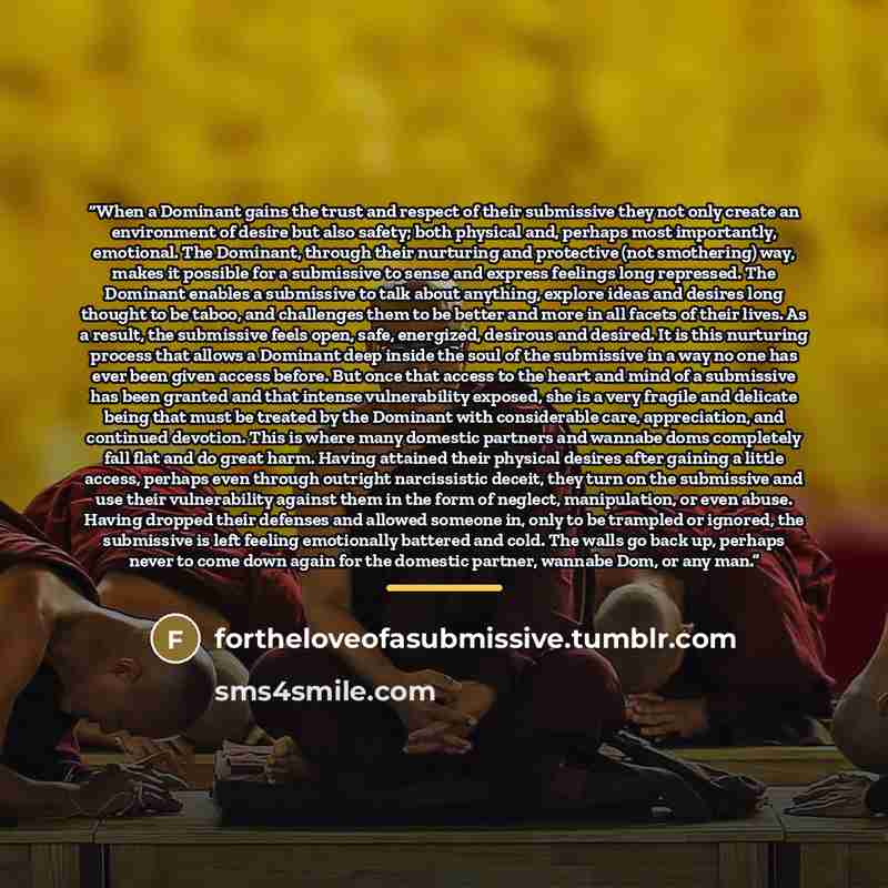 “When a Dominant gains the trust and respect of their submissive they not only create an environment of desire but also safety; both physical and, perhaps most importantly, emotional. The Dominant, through their nurturing and protective (not smothering) way, makes it possible for a submissive to…” quote by fortheloveofasubmissive.tumblr.com