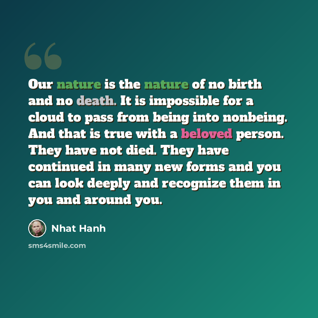“Our nature is the nature of no birth and no death. It is impossible for a cloud to pass from being into nonbeing. And that is true with a beloved person. They have not died. They have continued in many new forms and you can look deeply and recognize them in you and around you.” quote by Nhat Hanh