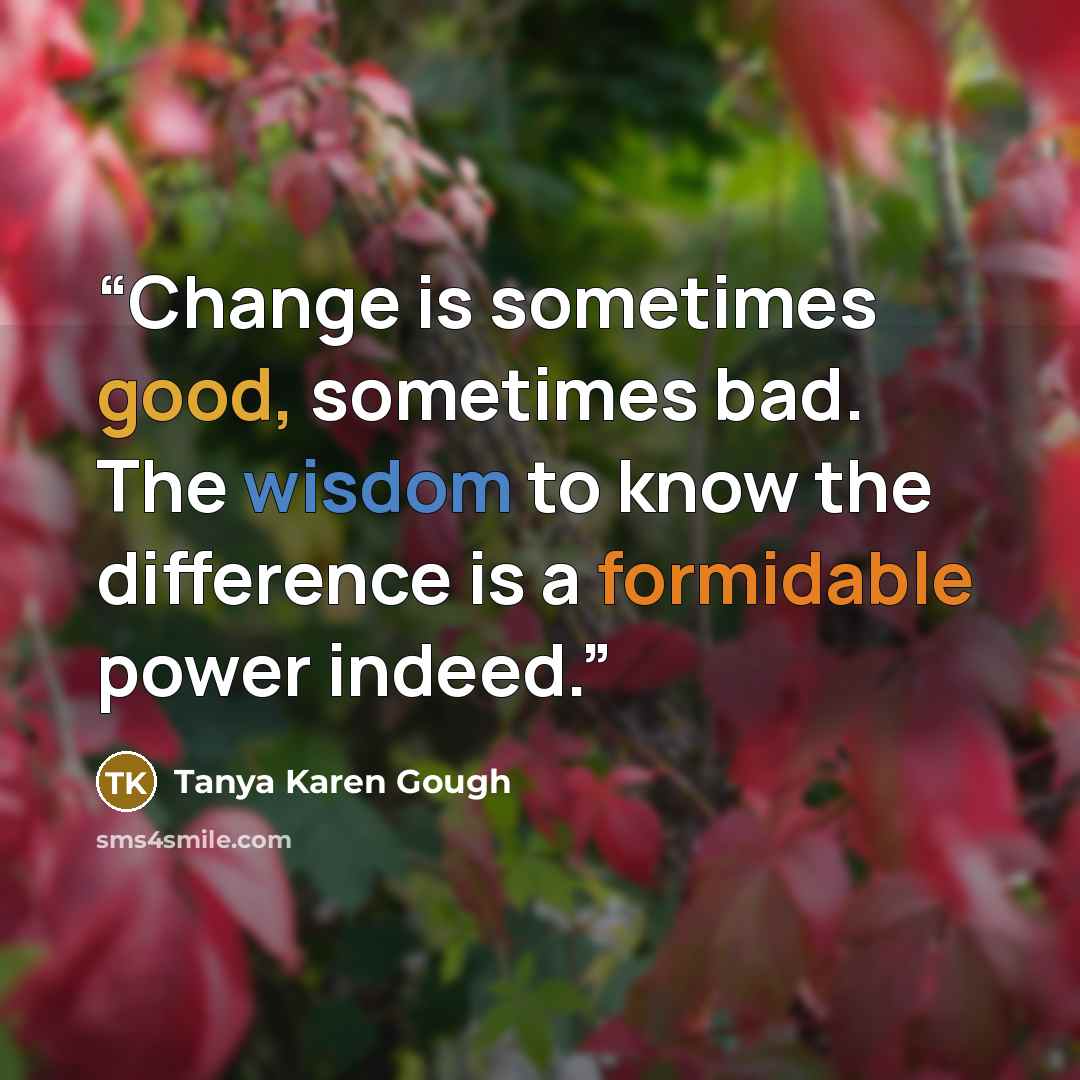“Change is sometimes good, sometimes bad. The wisdom to know the difference is a formidable power indeed.” quote by Tanya Karen Gough