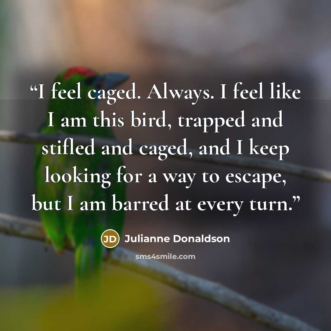 “I feel caged. Always. I feel like I am this bird, trapped and stifled and caged, and I keep looking for a way to escape, but I am barred at every turn.” quote by Julianne Donaldson