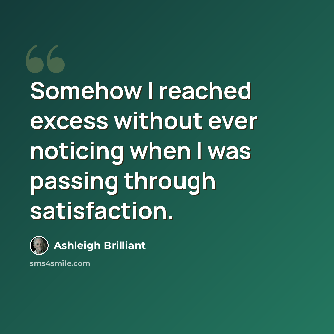 “Somehow I reached excess without ever noticing when I was passing through satisfaction.” quote by Ashleigh Brilliant
