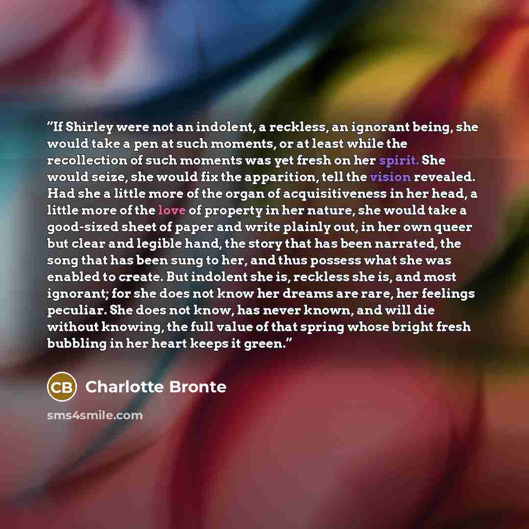 “If Shirley were not an indolent, a reckless, an ignorant being, she would take a pen at such moments, or at least while the recollection of such moments was yet fresh on her spirit. She would seize, she would fix the apparition, tell the vision revealed. Had she a little more of the organ of…” quote by Charlotte Brontë