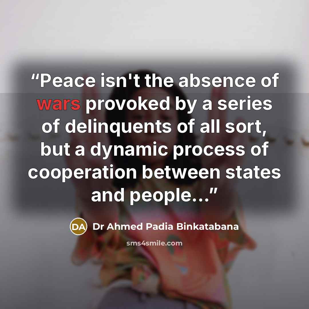 “Peace isn't the absence of wars provoked by a series of delinquents of all sort, but a dynamic process of cooperation between states and people...” quote by Dr Ahmed Padia Binkatabana