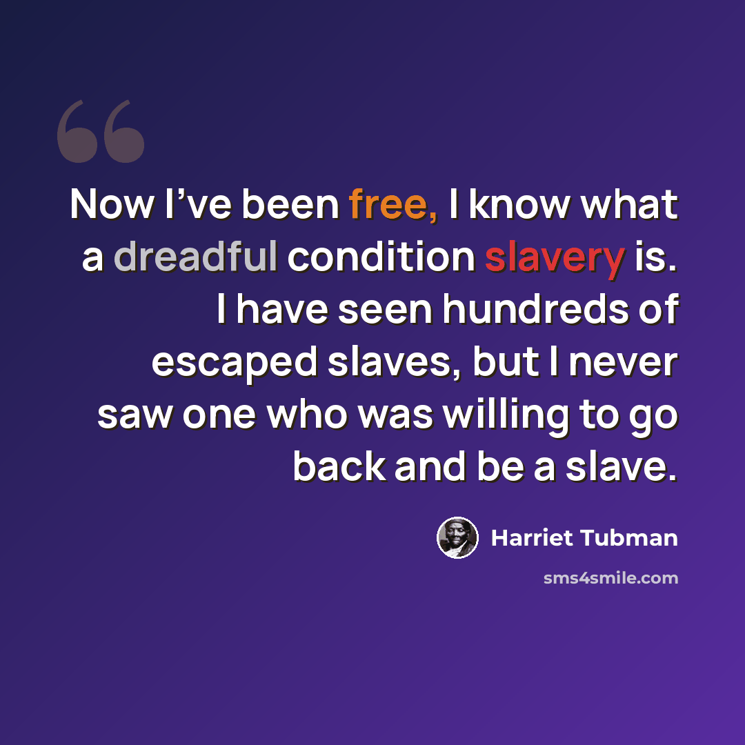 “Now I've been free, I know what a dreadful condition slavery is. I have seen hundreds of escaped slaves, but I never saw one who was willing to go back and be a slave.” quote by Harriet Tubman