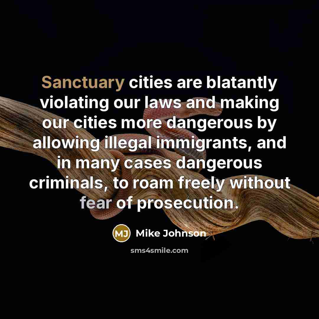 “Sanctuary cities are blatantly violating our laws and making our cities more dangerous by allowing illegal immigrants, and in many cases dangerous criminals, to roam freely without fear of prosecution.” quote by Mike Johnson