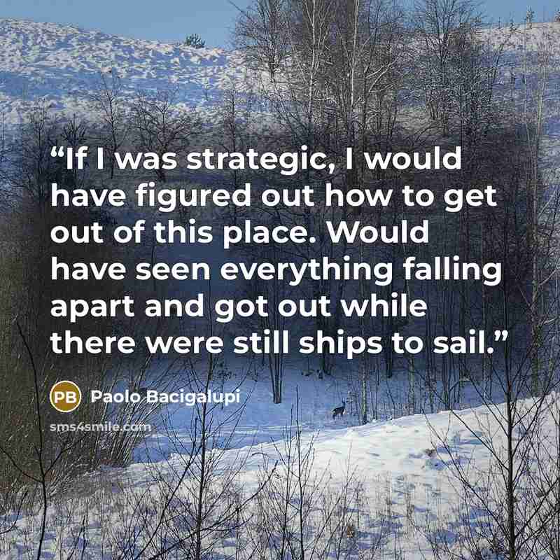 “If I was strategic, I would have figured out how to get out of this place. Would have seen everything falling apart and got out while there were still ships to sail.” quote by Paolo Bacigalupi