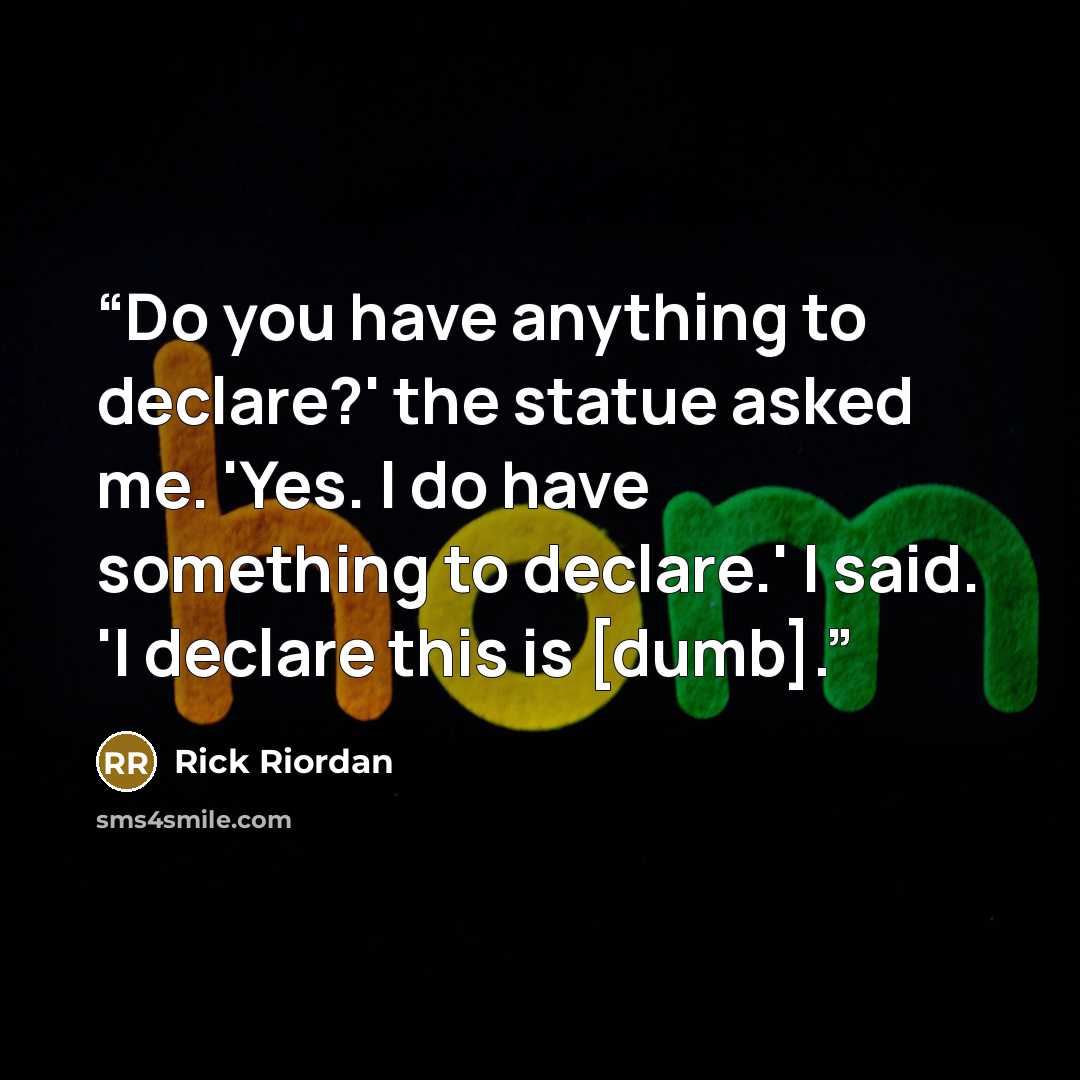 “Do you have anything to declare?' the statue asked me. 'Yes. I do have something to declare.' I said. 'I declare this is [dumb].” quote by Rick Riordan